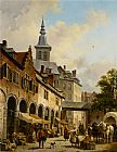 Square Canvas Paintings - A Busy Market on a Town Square